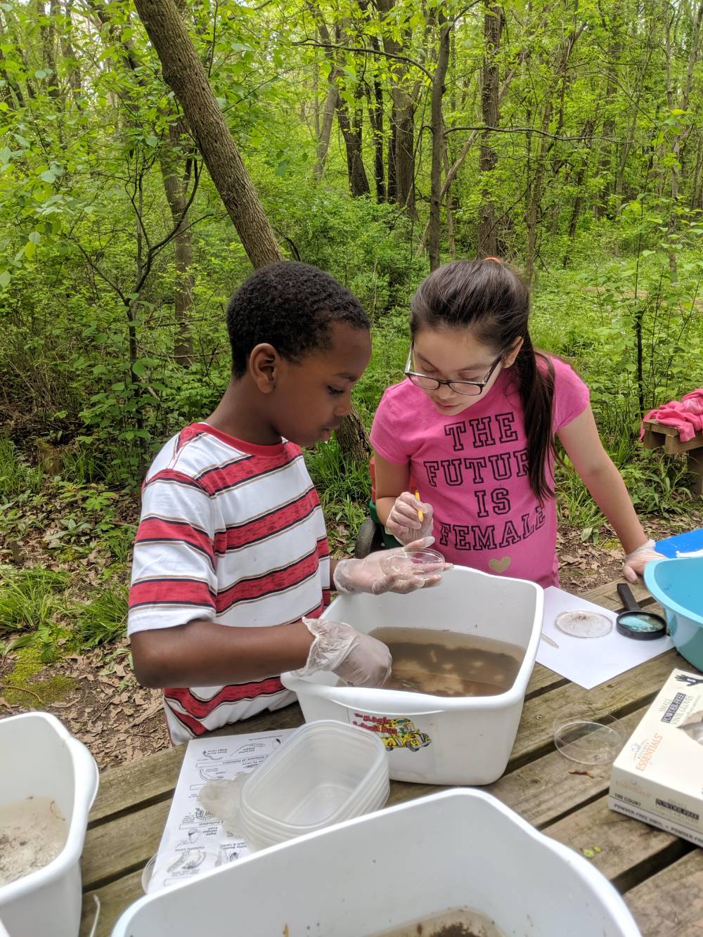 Two students look at bucket of water to identify macroinvertebrates